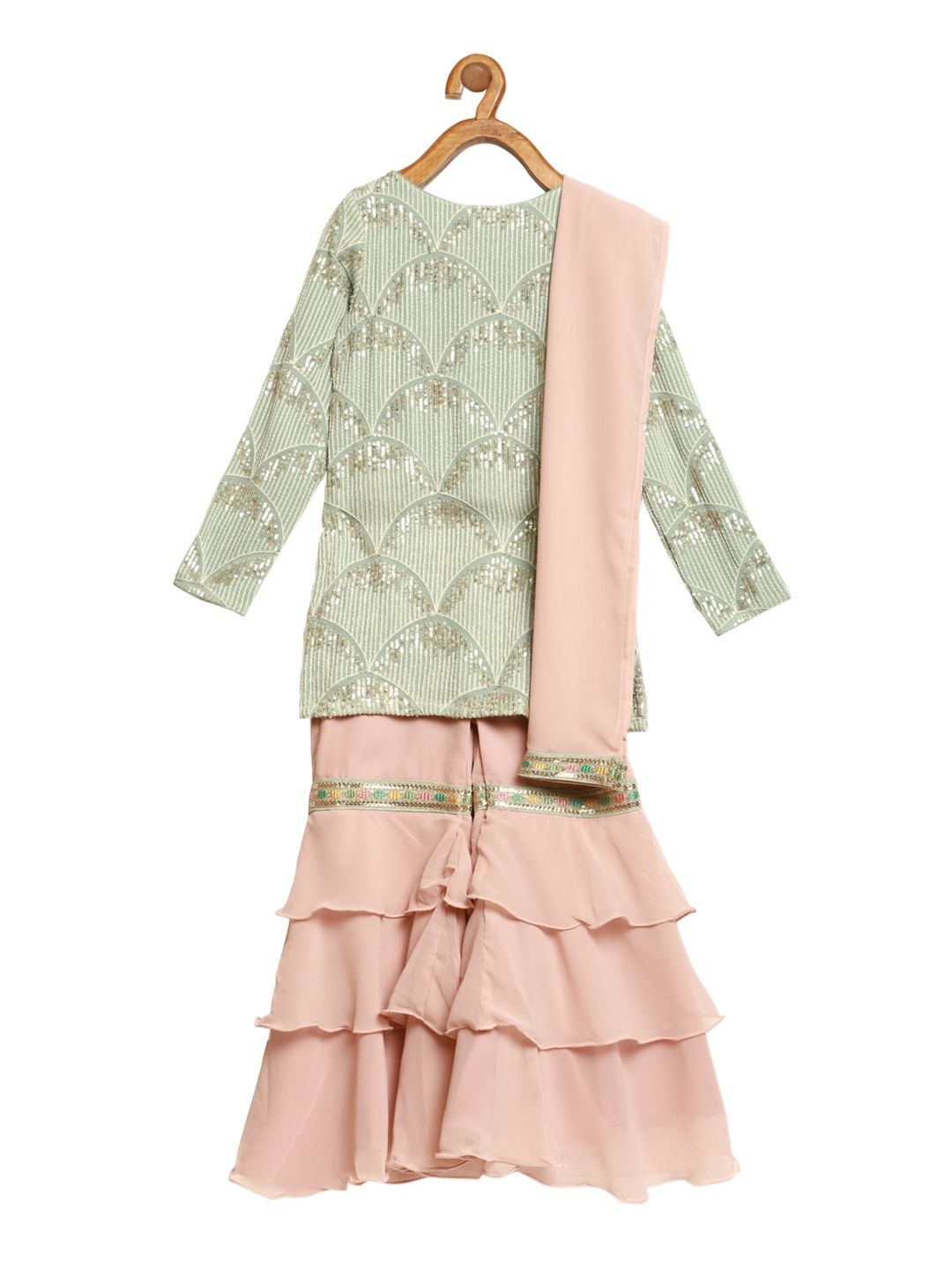 

Ethnovog Girls Green Embroidered Regular Kurta with Sharara With Dupatta