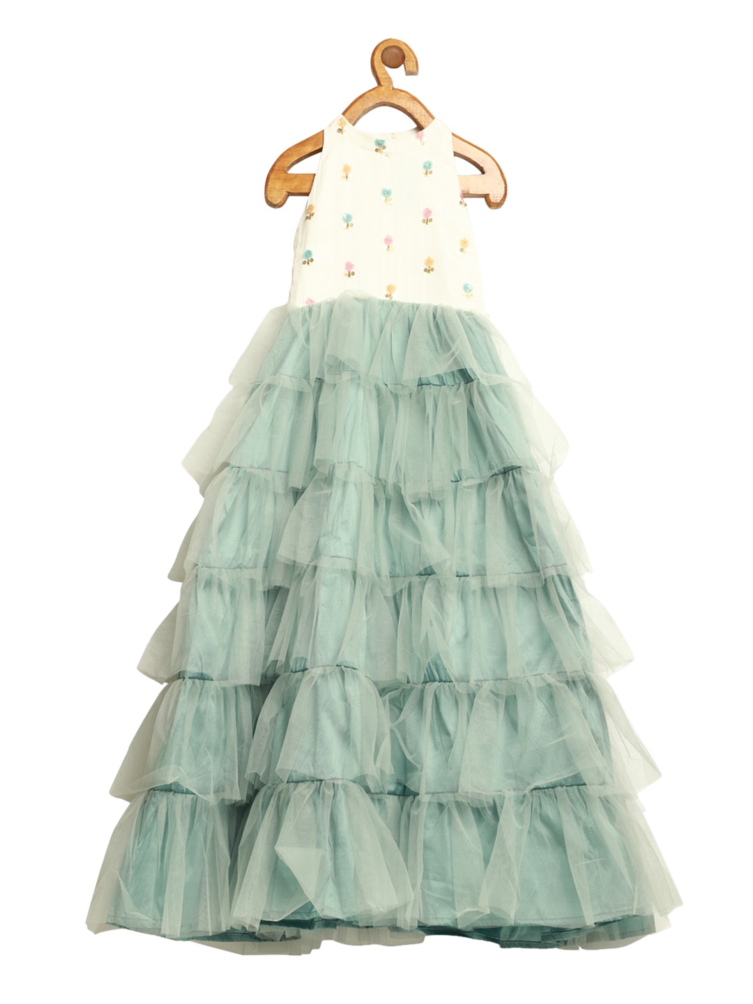 

Ethnovog Girls Green White Floral Embellished Net Maxi Dress
