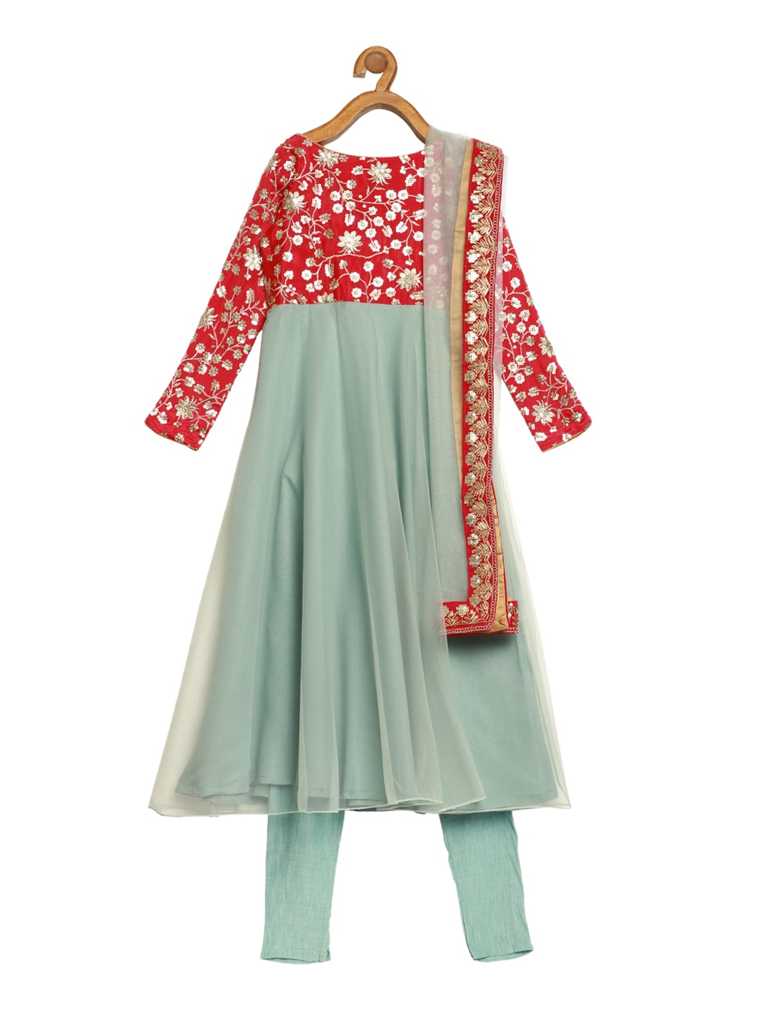 

Ethnovog Girls Green Red Floral Yoke Design Kurta With Trousers Dupatta