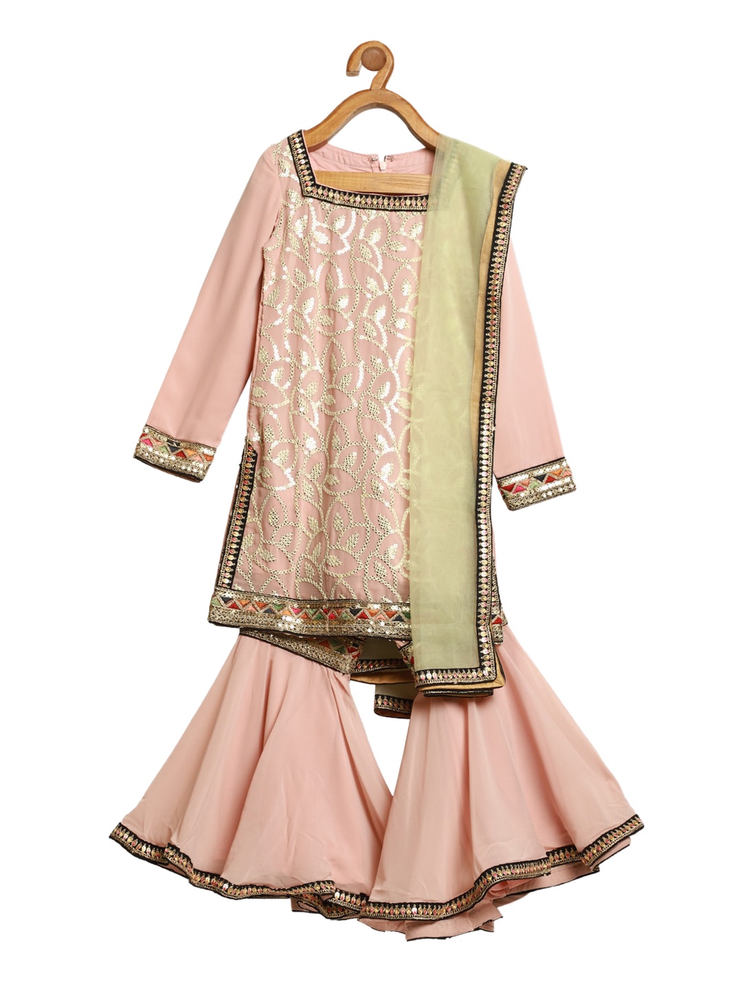 

Ethnovog Girls Pink Floral Embroidered Regular Kurti with Sharara Dupatta