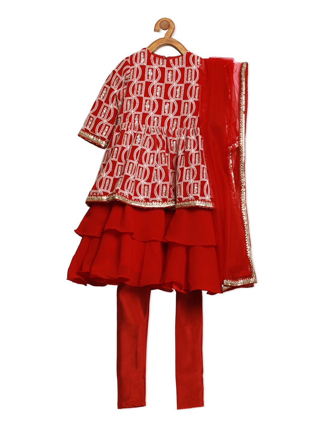 

Ethnovog Girls Maroon Printed Layered Kurta with Pyjamas With Dupatta