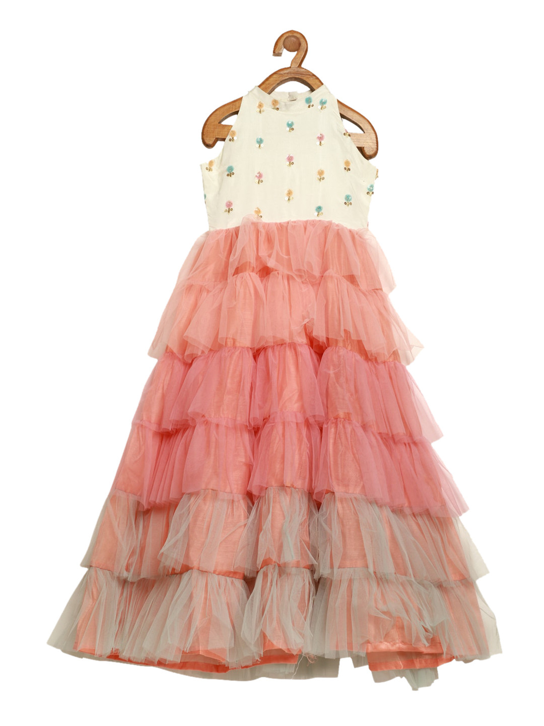 

Ethnovog Girls Peach-Coloured White Floral Embroidered Halter Neck Net Maxi Dress
