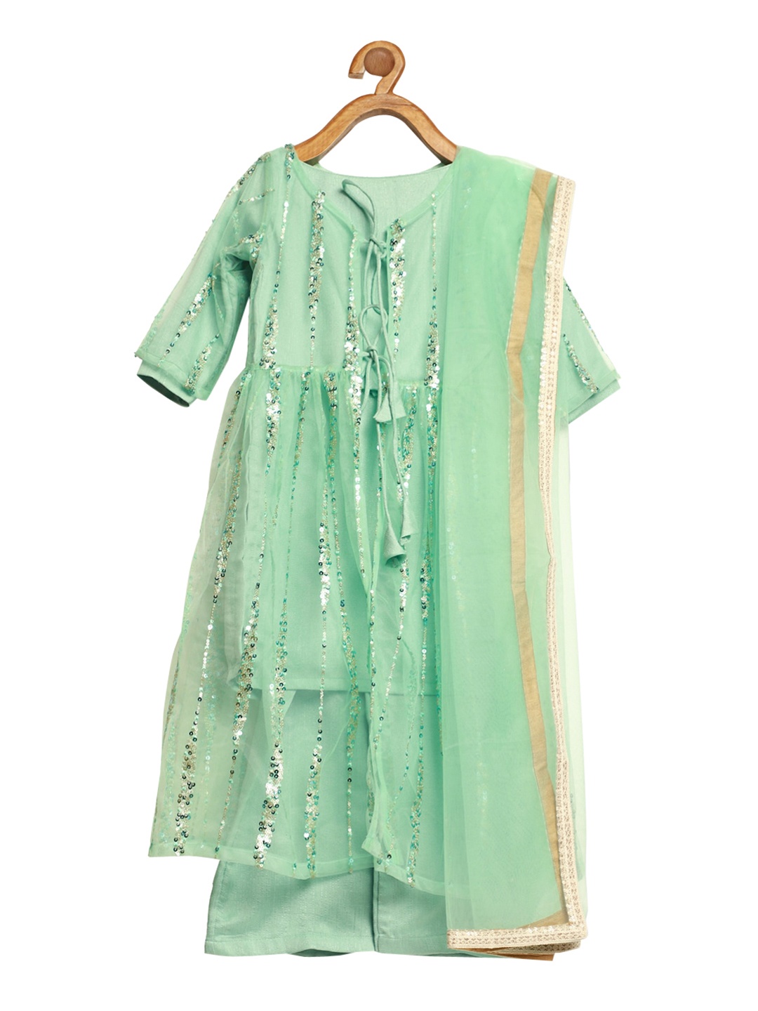 

Ethnovog Girls Green Embroidered Layered Kurta with Palazzos With Dupatta