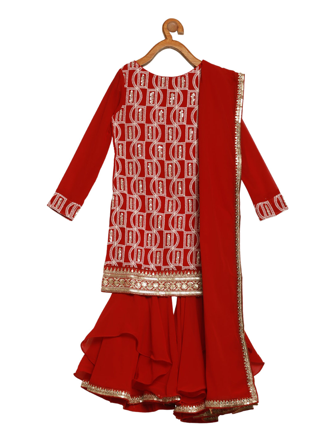 

Ethnovog Girls Maroon Ethnic Motifs Embroidered Regular Kurti with Garara Dupatta