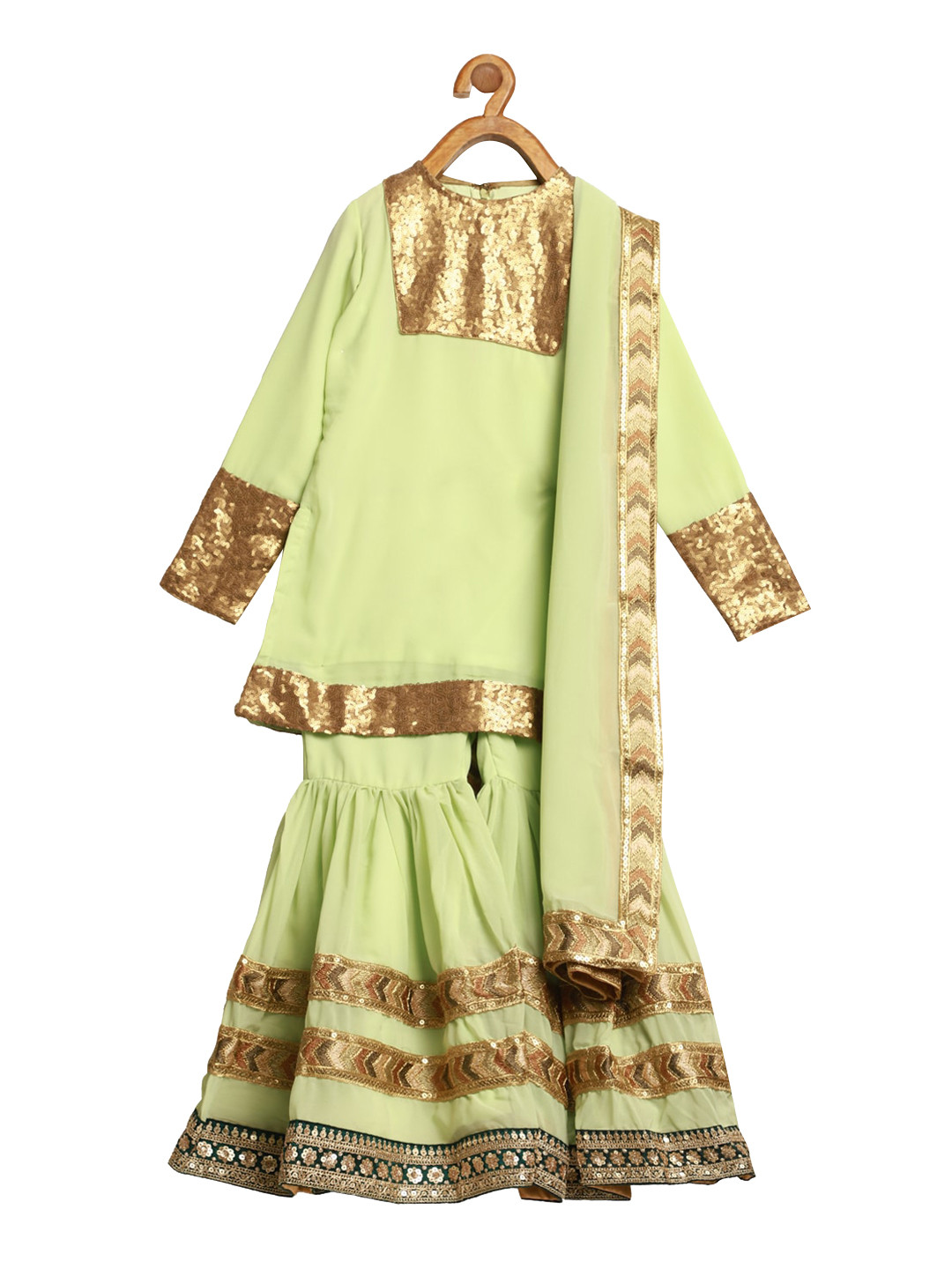 

Ethnovog Girls Green Ethnic Motifs Yoke Design Regular Kurti with Sharara With Dupatta