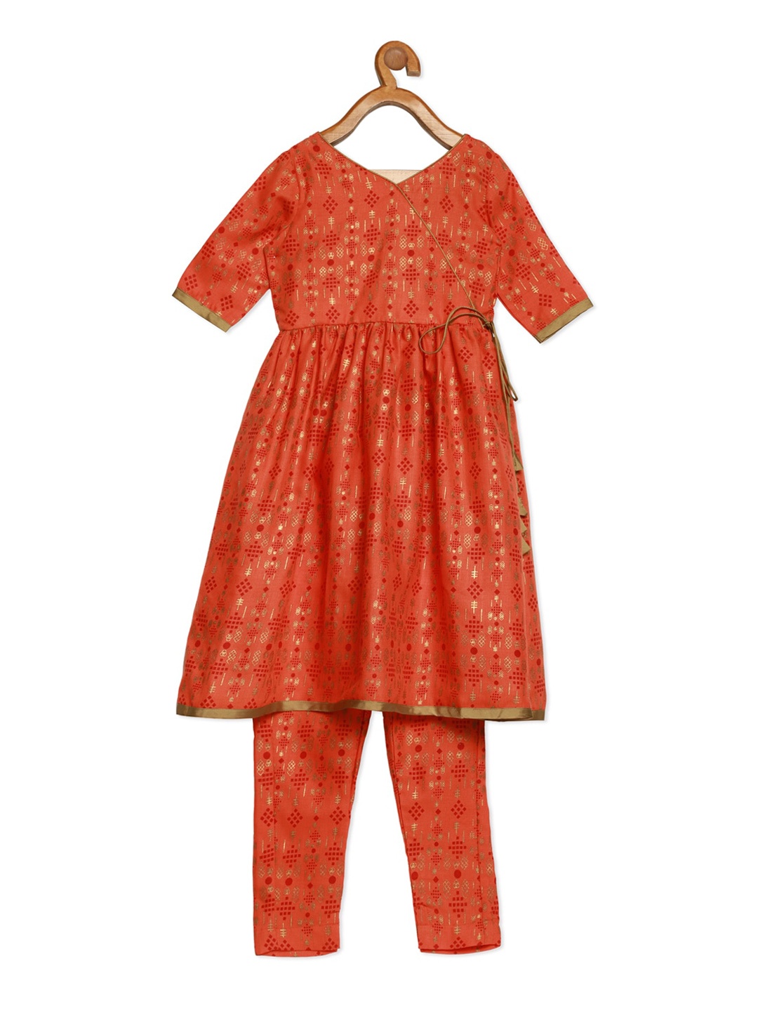

Ethnovog Girls Orange Red Geometric Printed Angrakha Kurta With Trousers