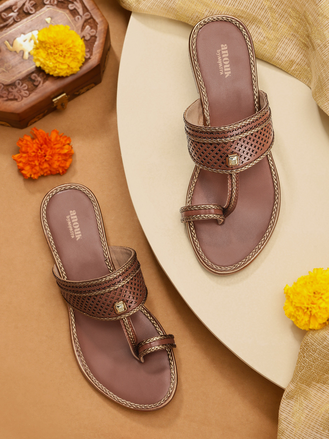 

Anouk Women Brown & Bronze-Toned Braided One Toe Flats with Laser Cuts