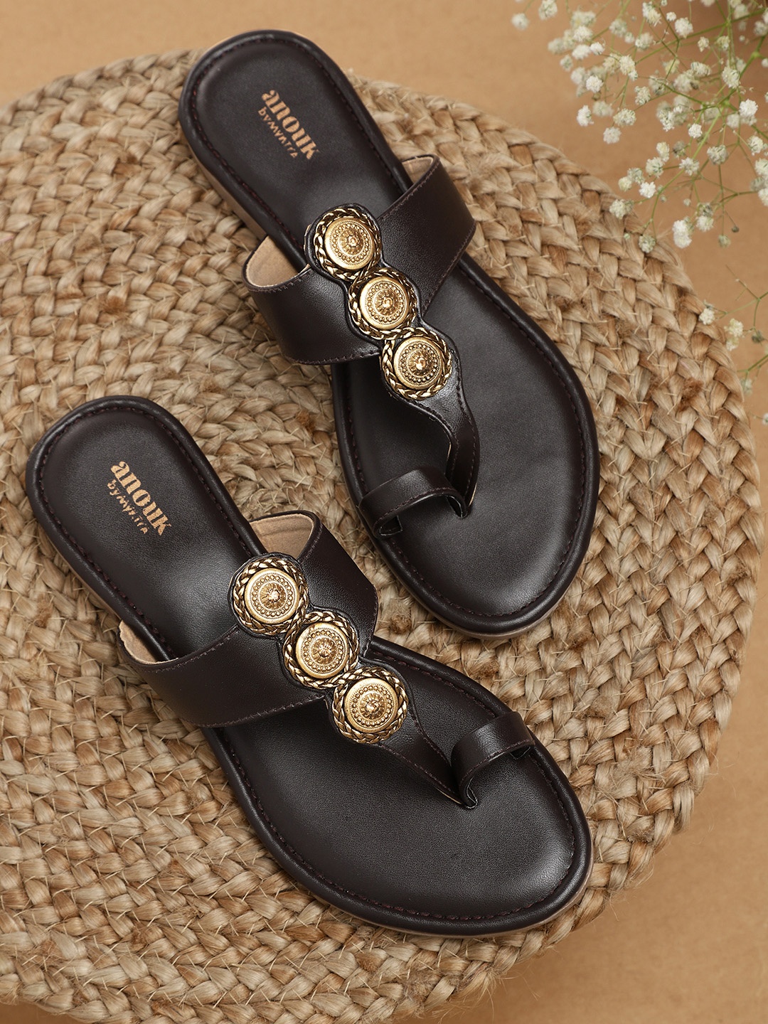 

Anouk Women Brown Embellished T-Strap Flats