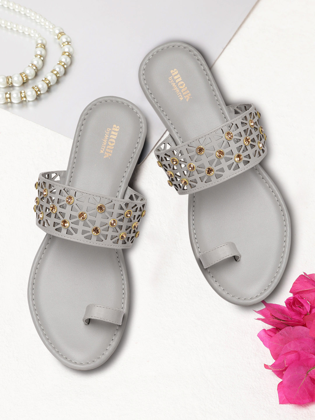 

Anouk Women Grey Laser Cut & Embellished One Toe Flats with