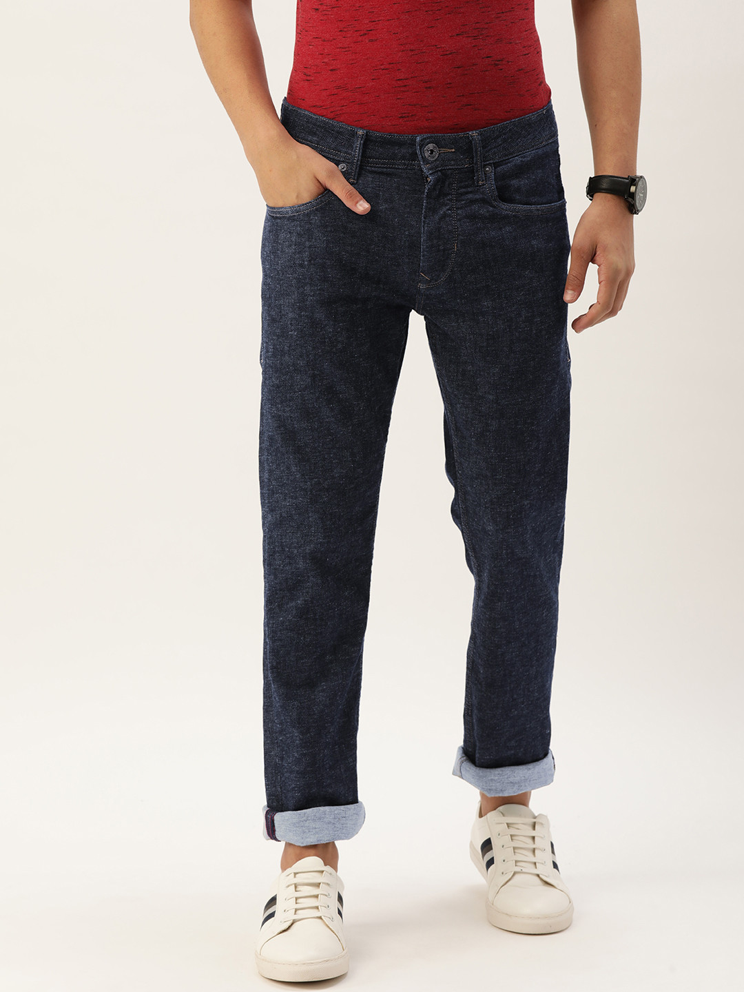 

Flying Machine Men Dark Blue Michael Tapered Fit Mid-Rise Light Fade Acid Wash Jeans