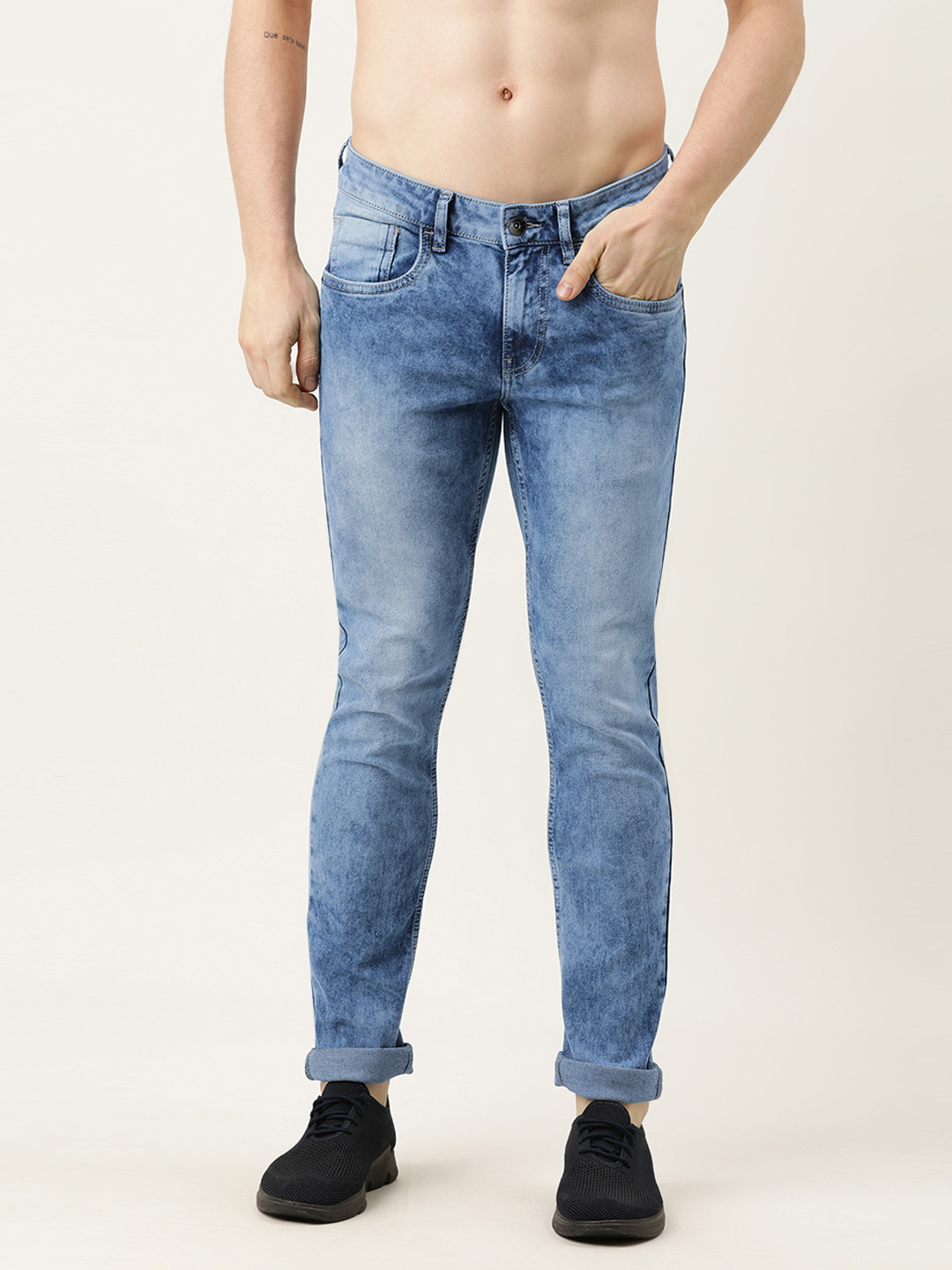 

Flying Machine Men Blue Jackson Skinny Fit Low-Rise Heavy Fade Acid Wash Stretchable Jeans