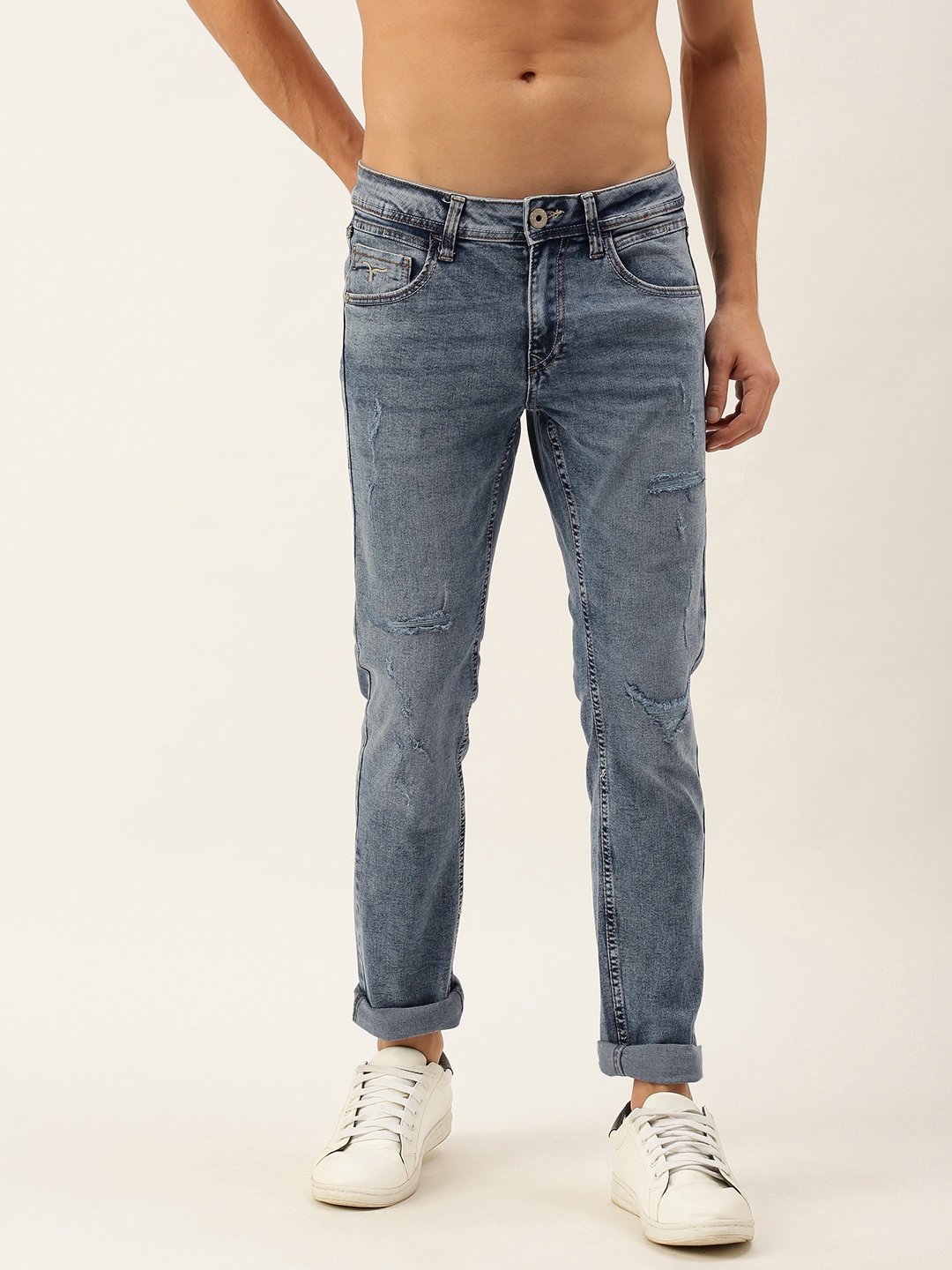 

Flying Machine Men Blue Jackson Skinny Fit Low-Rise Highly Distressed Heavy Fade Stretchable Jeans