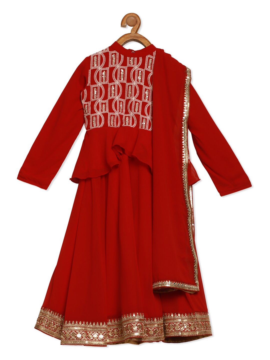 

Ethnovog Girls Maroon Gold-Toned Embroidered Made to Measure Lehenga Blouse With Dupatta