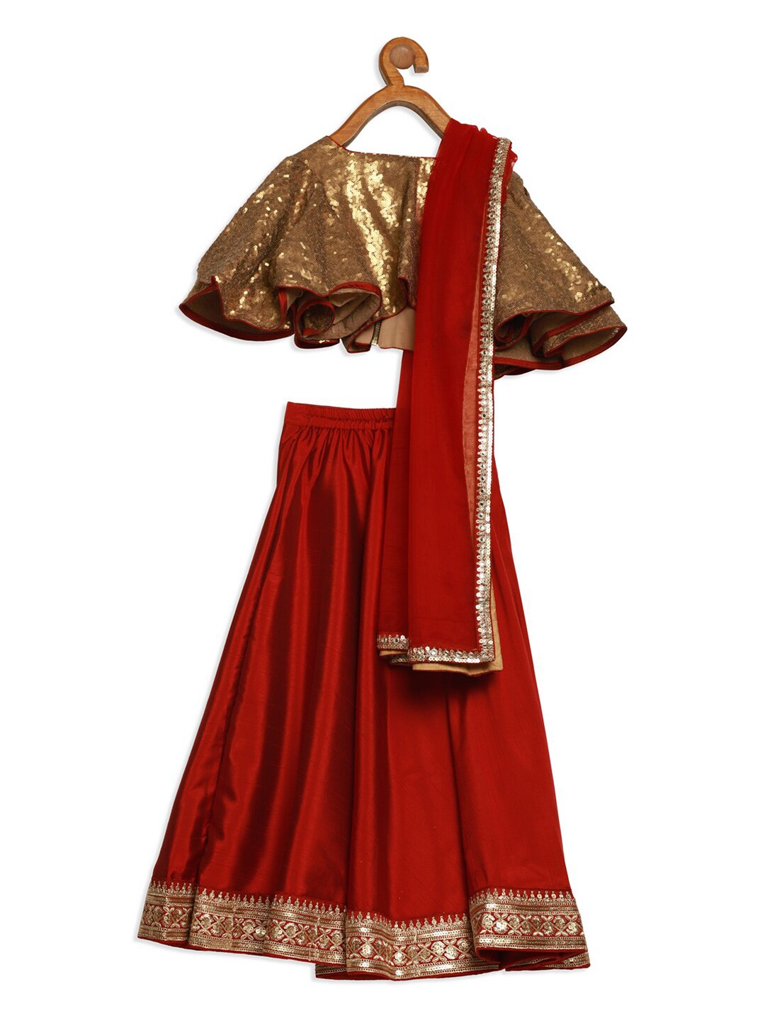 

Ethnovog Girls Brown Gold Sequinned Ready to Wear Lehenga Blouse With Dupatta