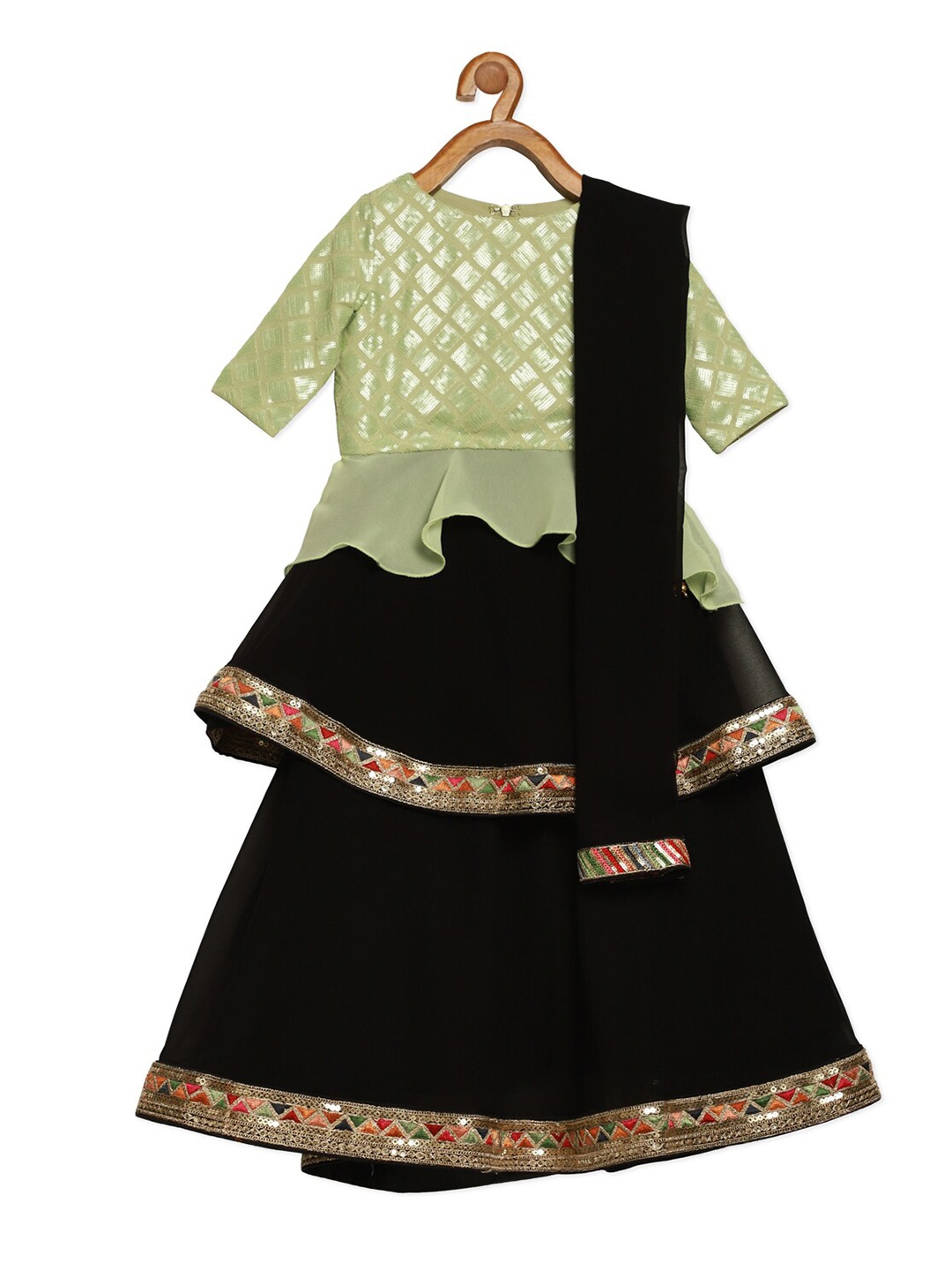 

Ethnovog Girls Green Black Embellished Made to Measure Lehenga Blouse With Dupatta