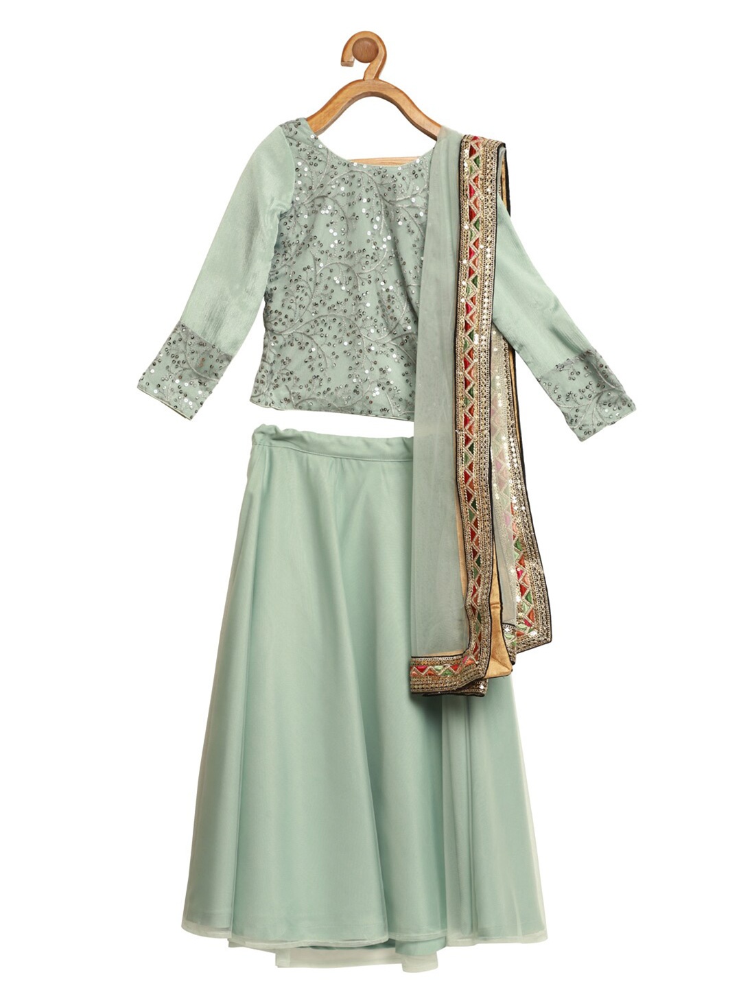 

Ethnovog Girls Sea Green Silver-Toned Made to Measure Net Lehenga Choli With Dupatta