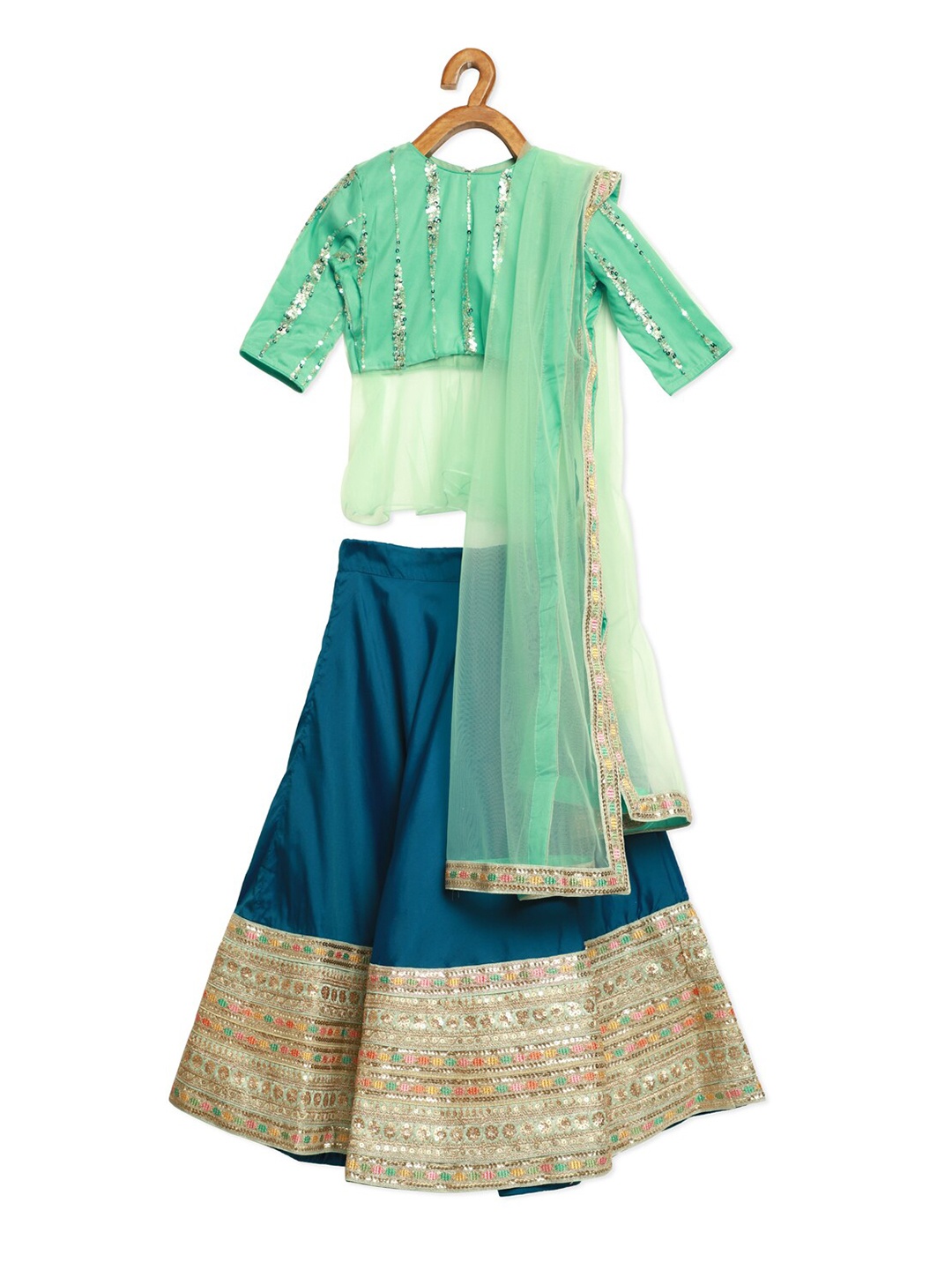 

Ethnovog Girls Green Blue Embellished Sequinned Made to Measure Lehenga Blouse With Dupatta