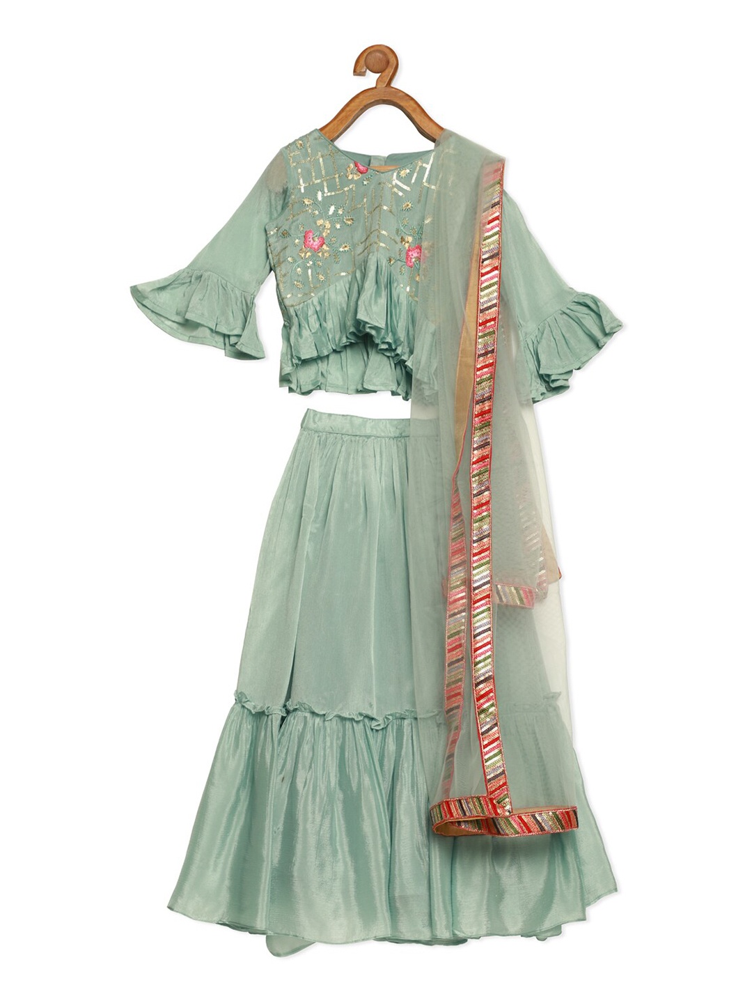 

Ethnovog Girls Green Gold Embellished Made to Measure Lehenga Blouse With Dupatta