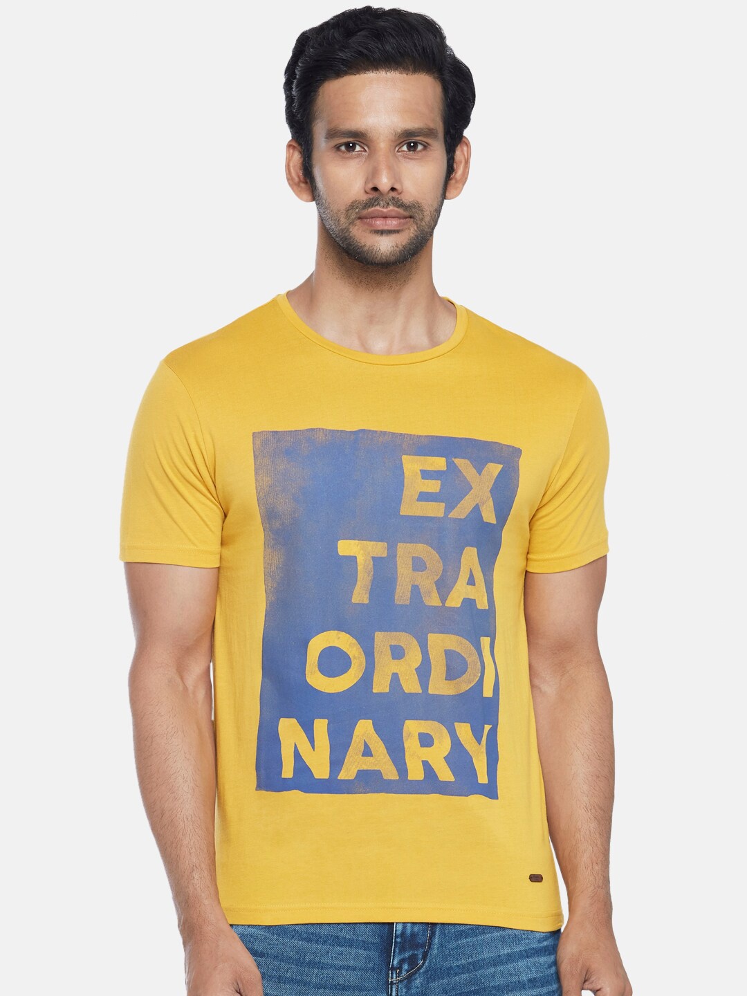 

People Men Mustard Yellow Typography Printed Applique T-shirt
