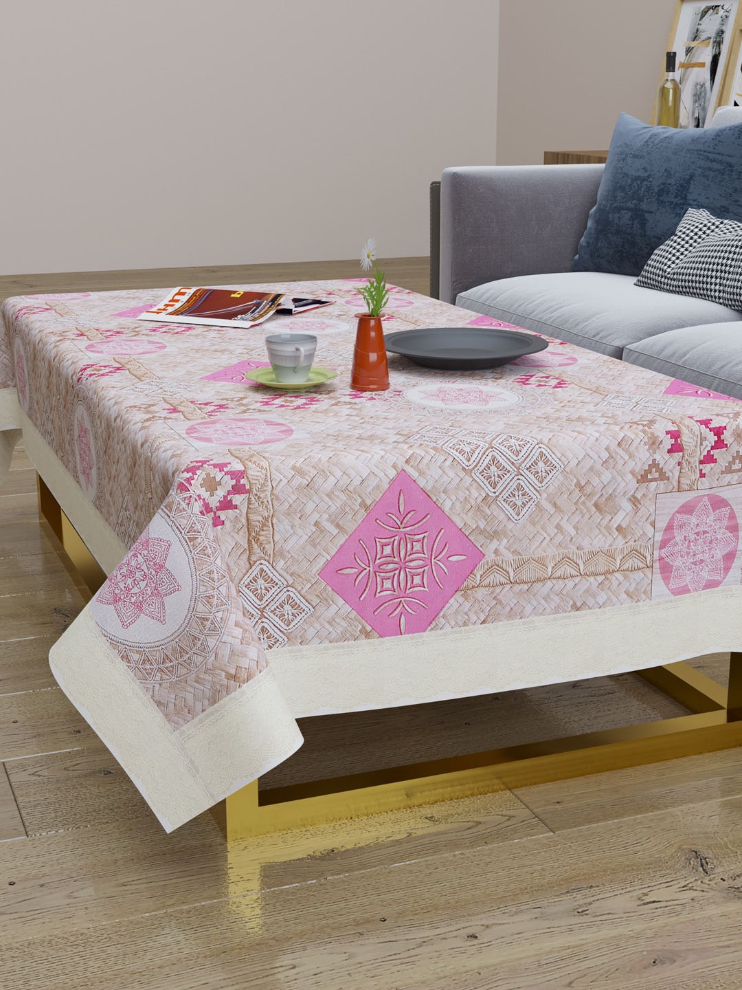 

Clasiko Cream-Coloured & Pink Geometric Printed 2-Seater Rectangle Table Cover