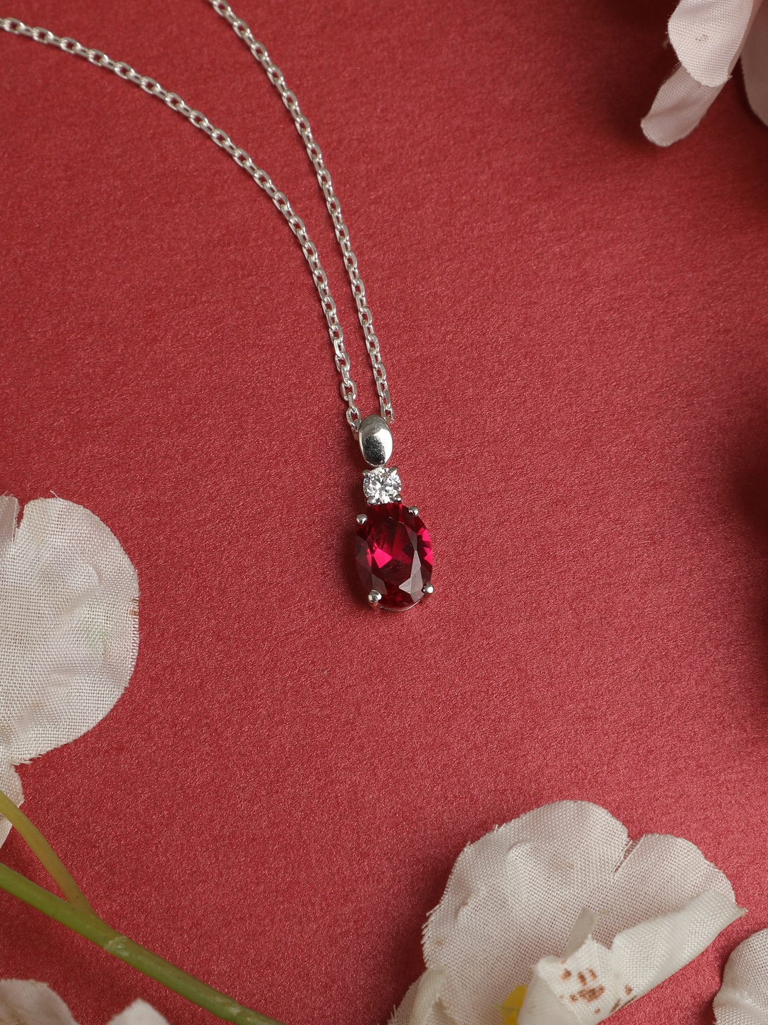

CLARA 92.5 Sterling Silver Rhodium-Plated Swiss Zirconia Red Oval Pendant with Chain