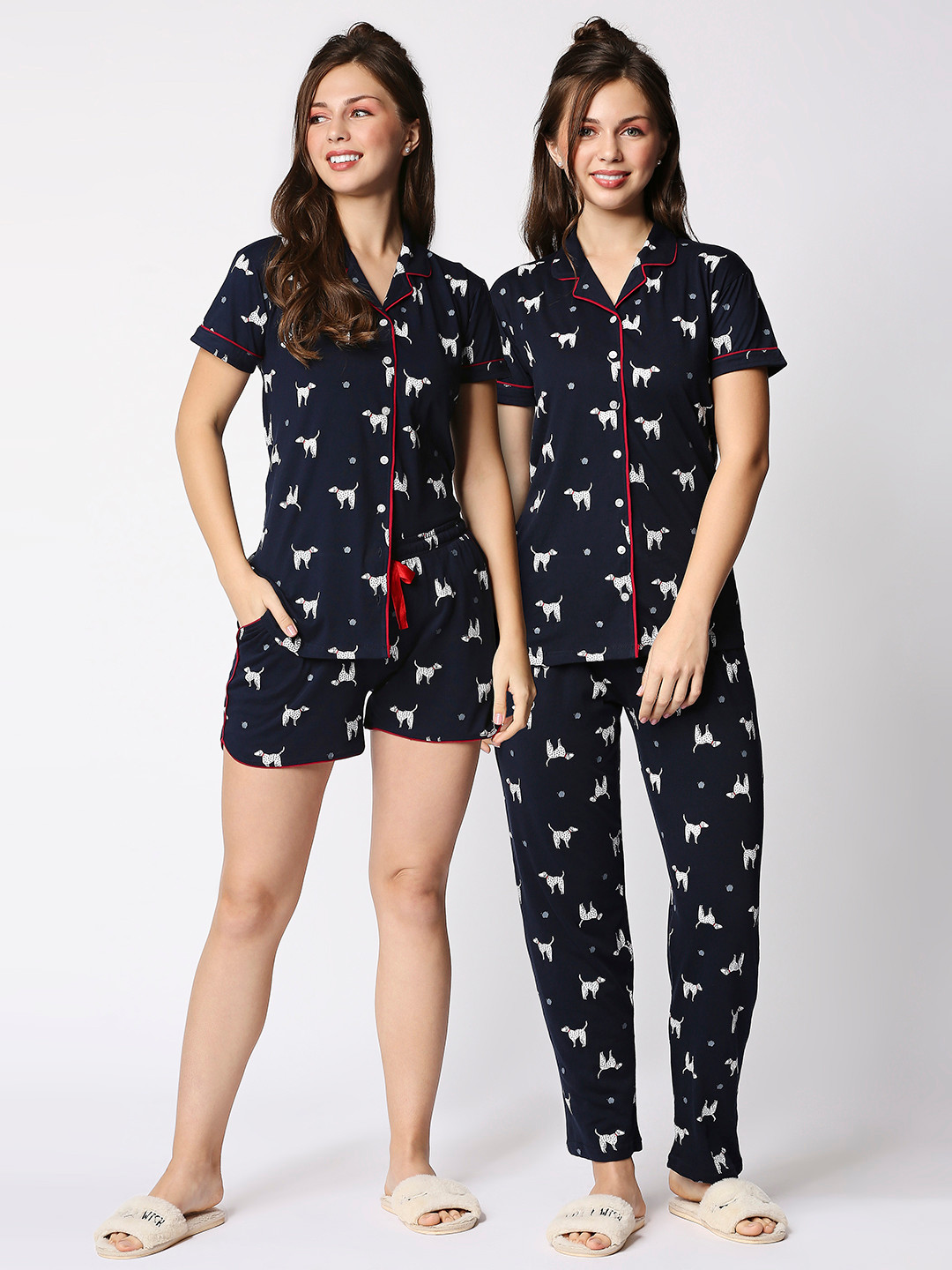 

I like me Women Printed Pure Cotton Shirt with Pyjam & Shorts, Navy blue