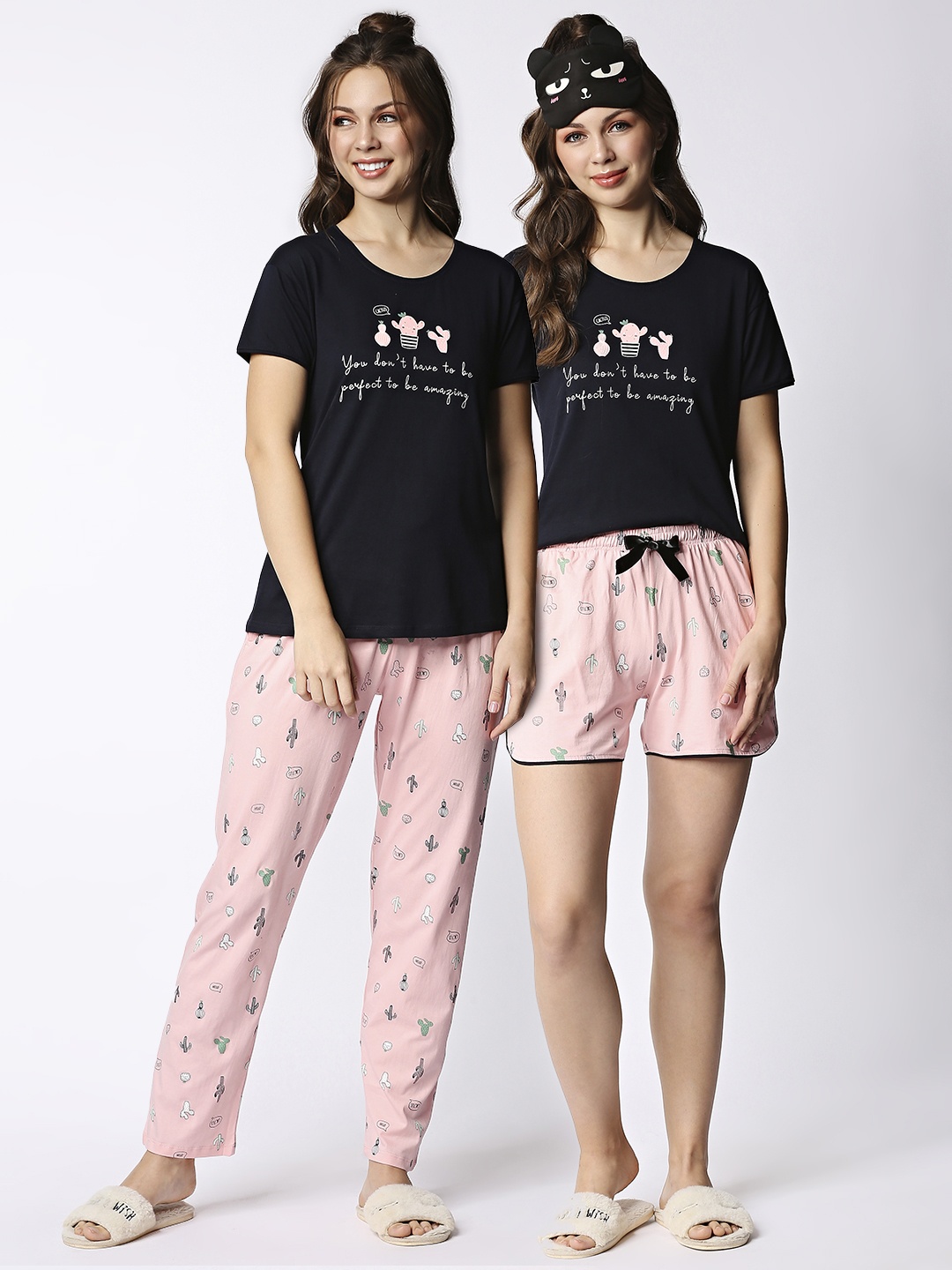 

I like me Women Printed Pure Cotton T-Shirt with Pyjam & Shorts, Navy blue