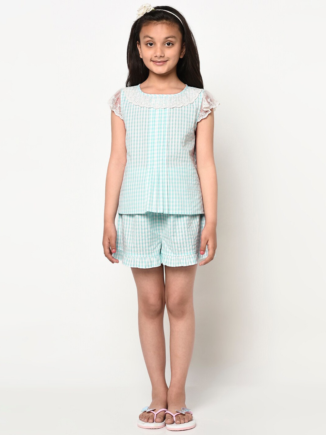 

BLANC9 Girls Blue & White Checked Night suit