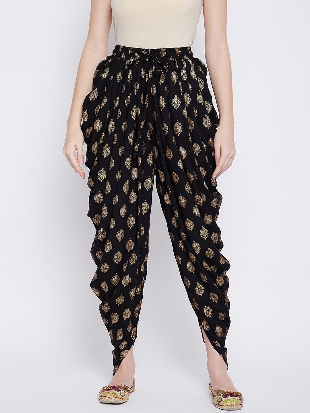 

TULIP 21 Women Black & Gold Ethnic Block Printed Dhoti Pants