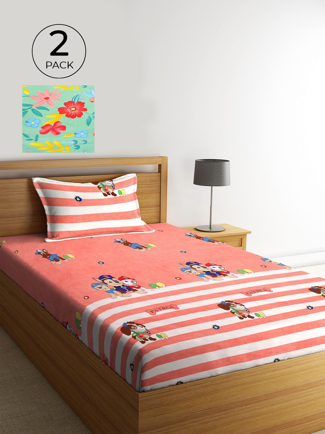 

KLOTTHE Green & Red Cartoon Characters 210 TC 2 Single Bedsheet with 2 Pillow Covers