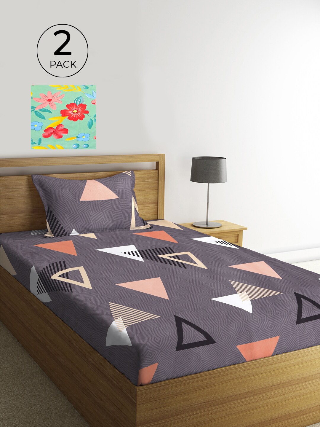 

KLOTTHE Grey & Green Geometric 210 TC 2 Single Bedsheet with 2 Pillow Covers