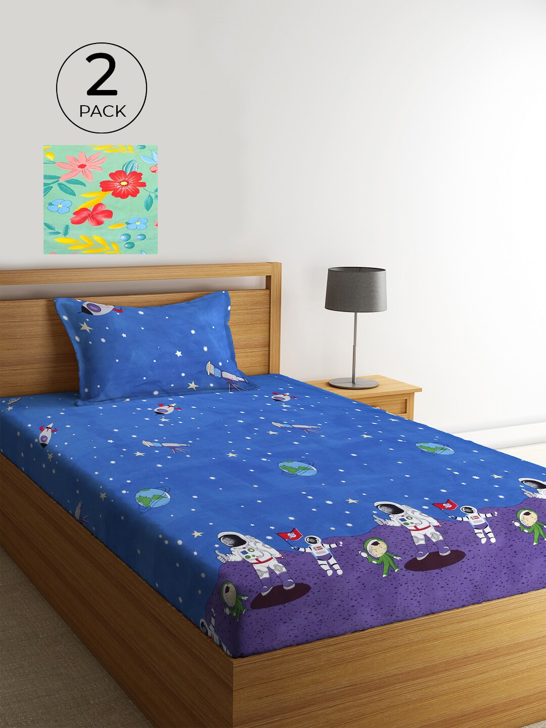 

KLOTTHE Blue & Green Graphic 210 TC 2 Single Bedsheet with 2 Pillow Covers