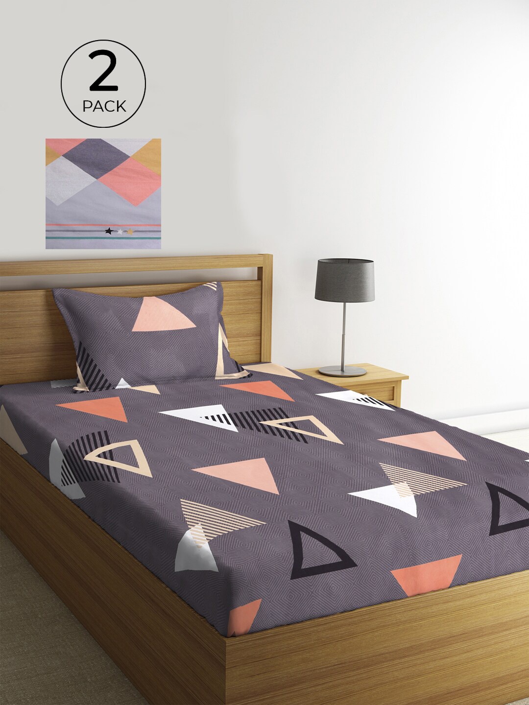 

KLOTTHE Grey & Pink Geometric 300 TC 2 Single Bedsheet with 2 Pillow Covers