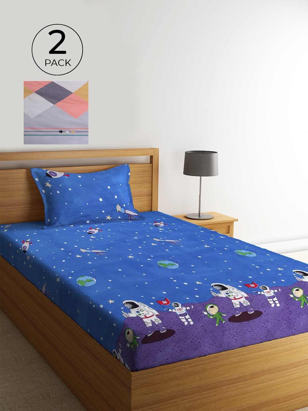 

KLOTTHE Blue & Orange Cartoon Characters 210 TC 2 Single Bedsheet with 2 Pillow Covers