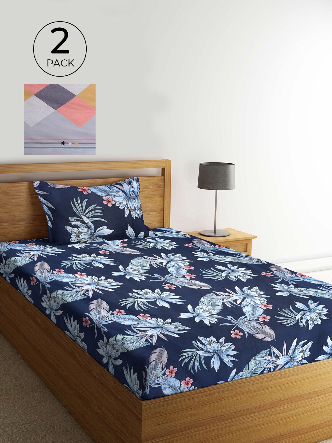 

KLOTTHE Grey & Navy Blue Floral 210 TC 2 Single Bedsheet with 2 Pillow Covers