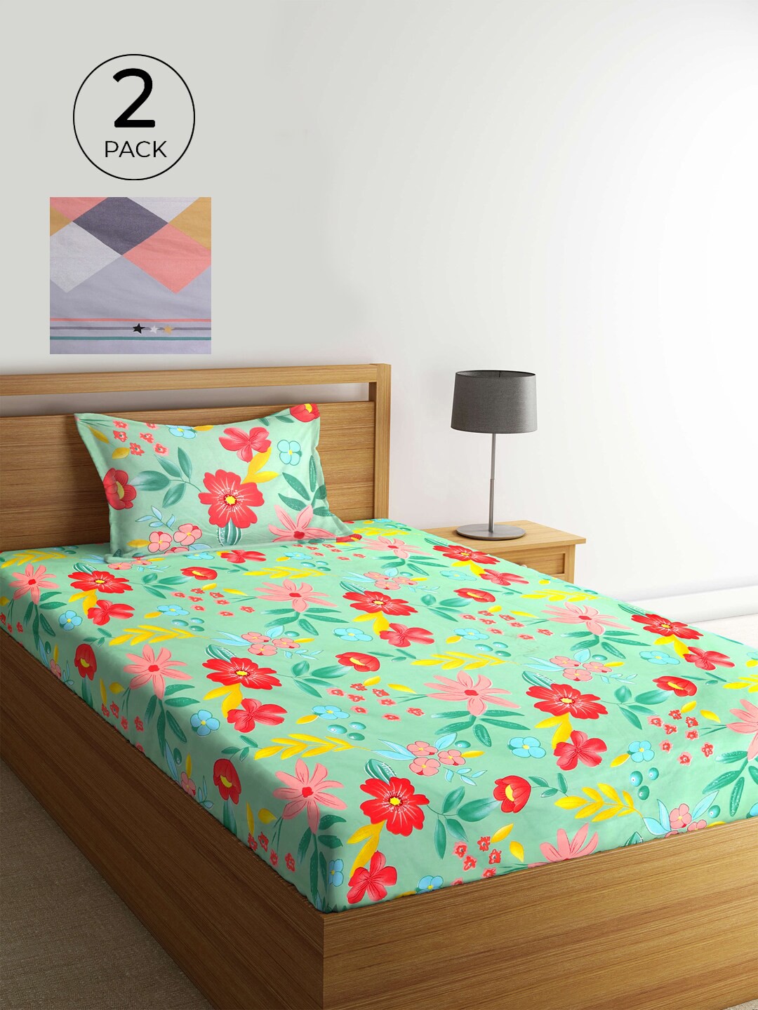 

KLOTTHE Green & Purple Floral 210 TC 2 Single Bedsheet with 2 Pillow Covers