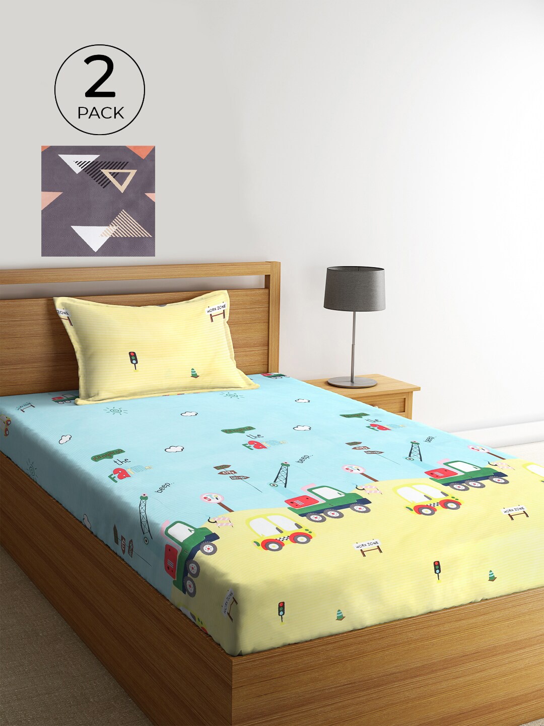 

KLOTTHE Turquoise Blue Cartoon Characters 300 TC 2 Single Bedsheet with 2 Pillow Covers