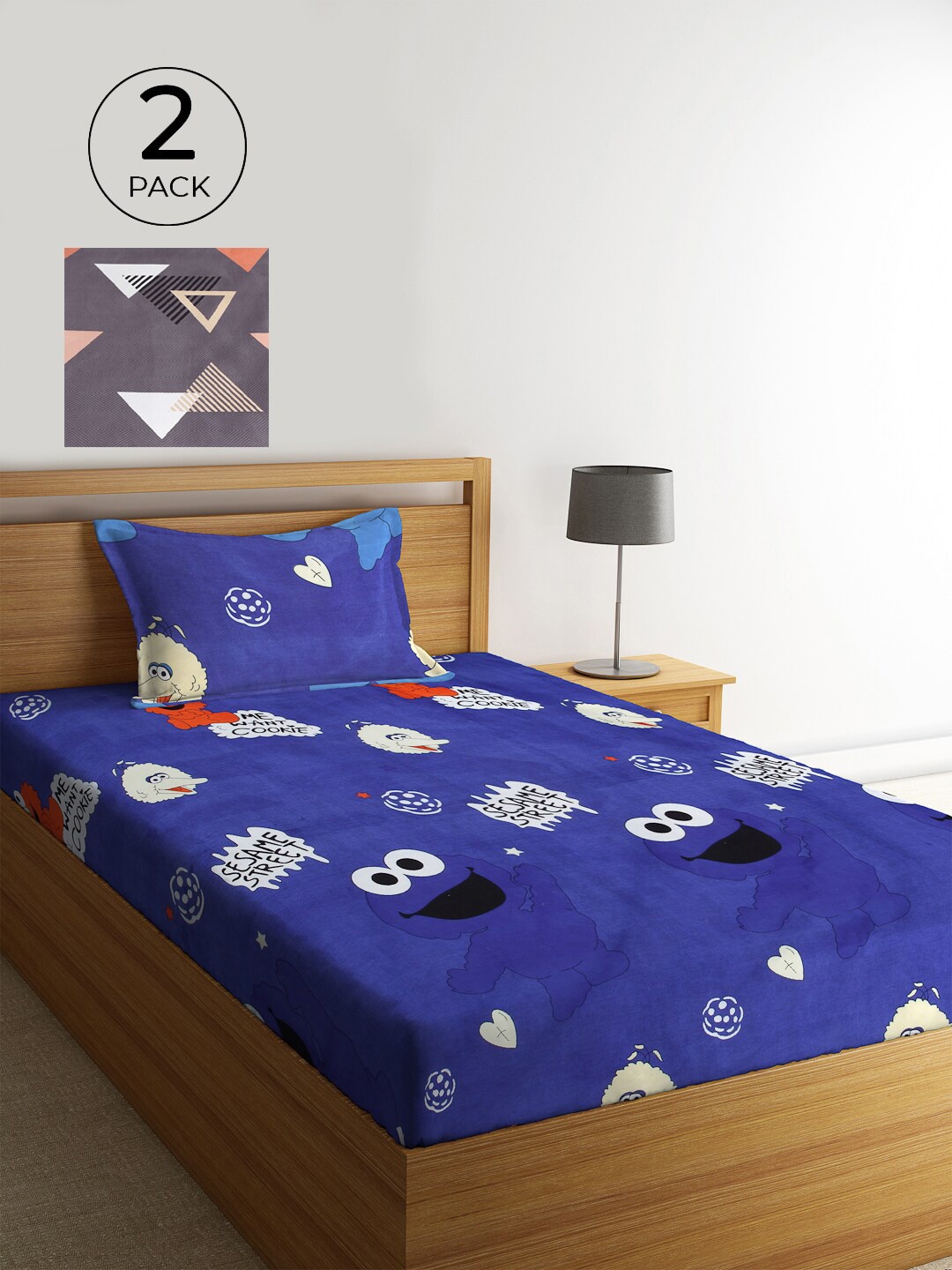 

KLOTTHE Grey & Blue Graphic 210 TC 2 Single Bedsheet with 2 Pillow Covers