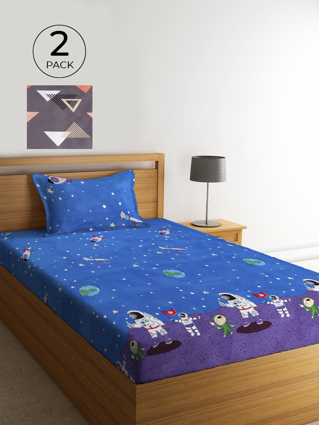 

KLOTTHE Blue & Grey Cartoon Characters 210 TC 2 Single Bedsheet with 2 Pillow Covers