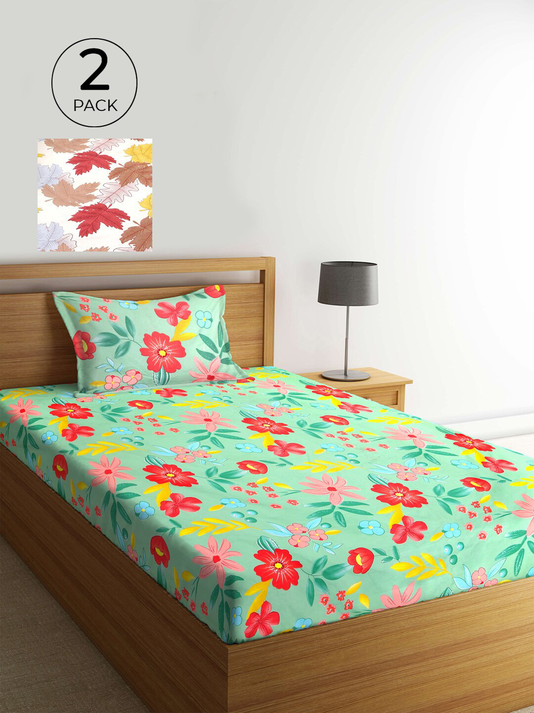 

KLOTTHE White & Green Floral 210 TC 2 Single Bedsheet with 2 Pillow Covers