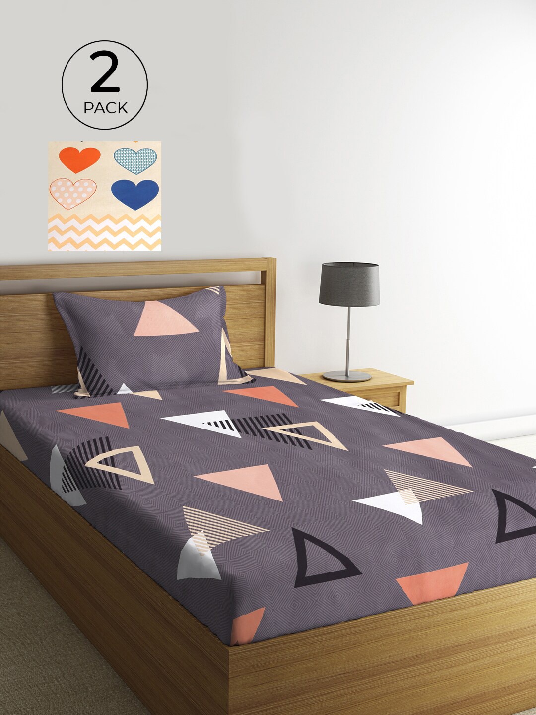 

KLOTTHE Grey & Off White Geometric 210 TC 2 Single Bedsheet with 2 Pillow Covers