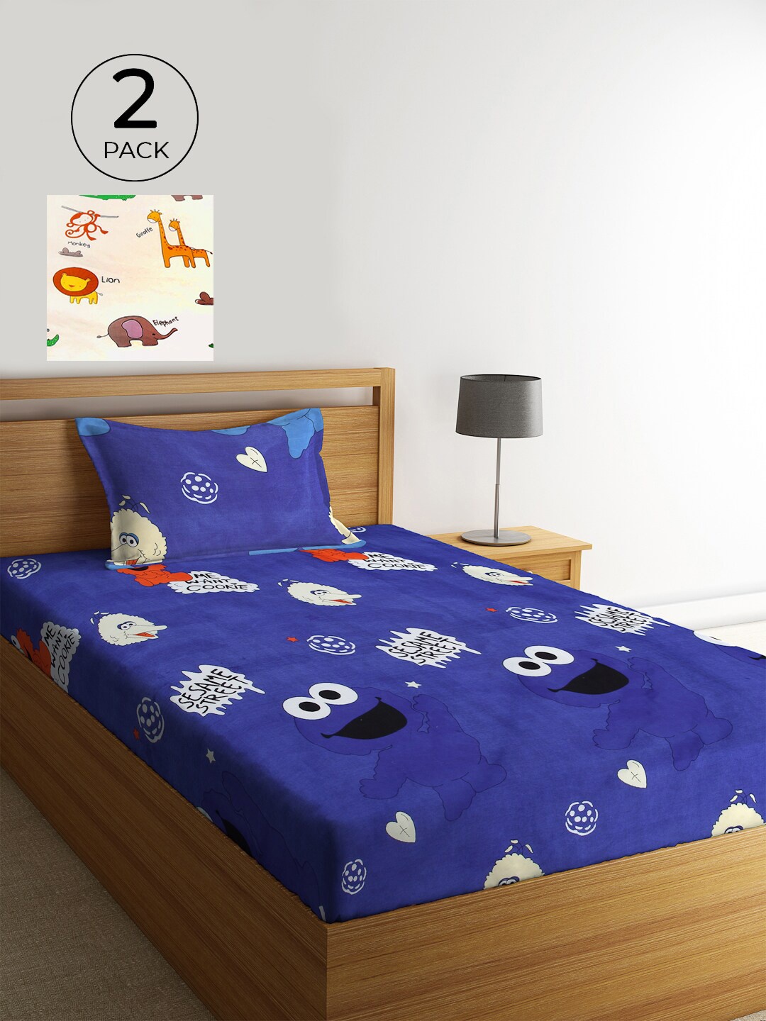 

KLOTTHE Blue & White Cartoon Characters 210 TC 2 Single Bedsheet with 2 Pillow Covers