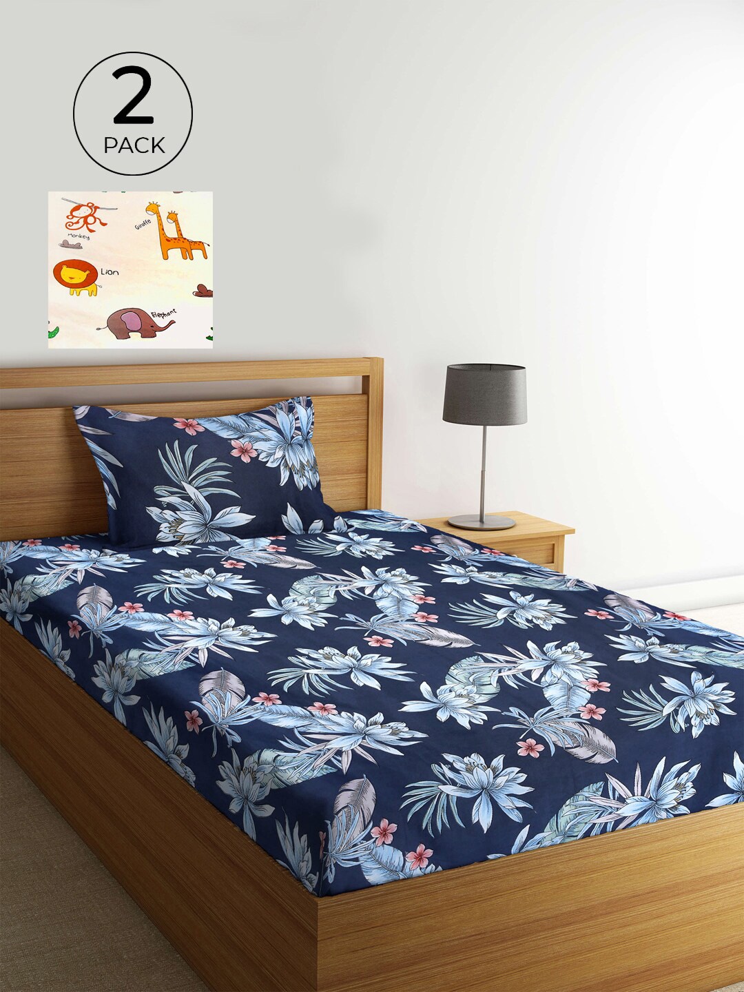 

KLOTTHE White & Blue Floral 210 TC 2 Single Bedsheet with 2 Pillow Covers