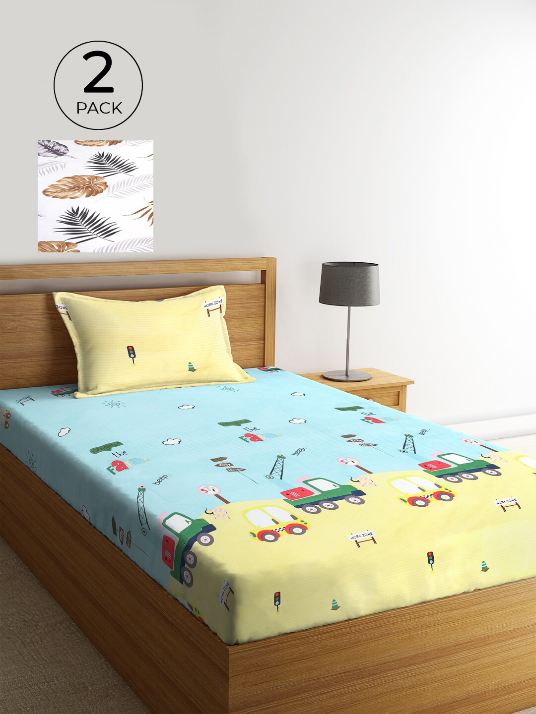 

KLOTTHE White & Blue Cartoon Characters 210 TC 2 Single Bedsheet with 2 Pillow Covers
