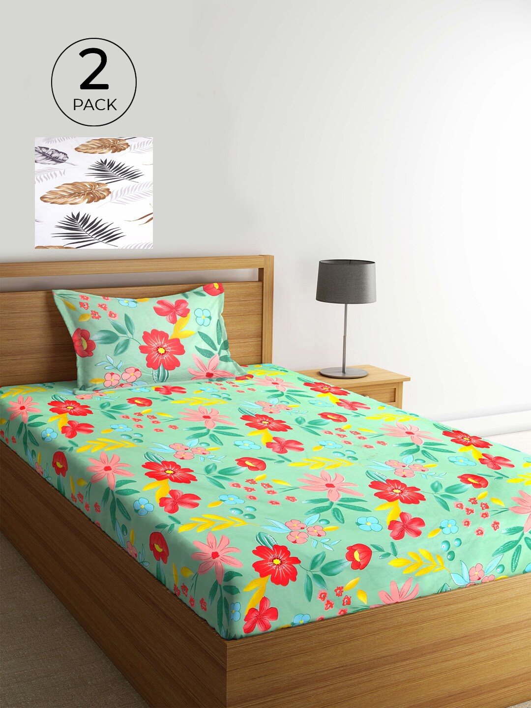 

KLOTTHE White & Green Floral 210 TC 2 Single Bedsheet with 2 Pillow Covers