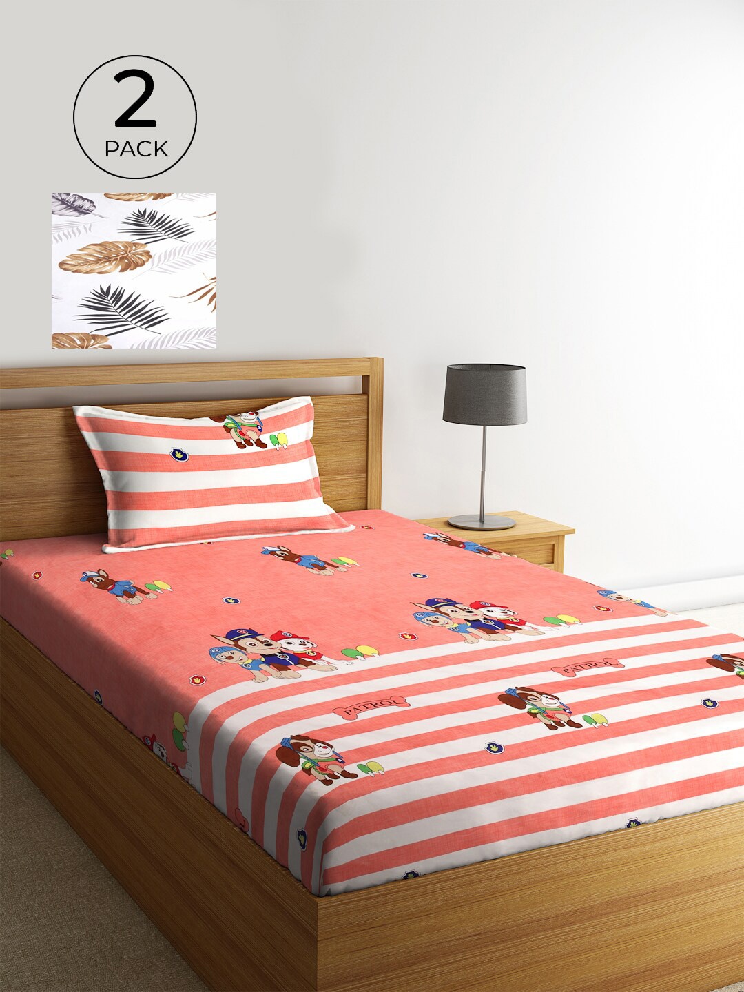 

KLOTTHE Pink & White Cartoon Characters 210 TC 2 Single Bedsheet with 2 Pillow Covers