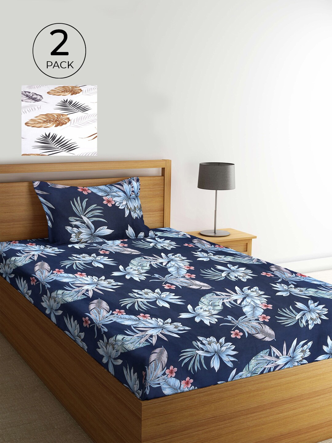 

KLOTTHE White & Blue Floral 210 TC 2 Single Bedsheet with 2 Pillow Covers