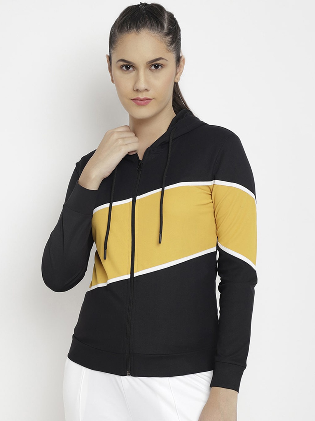 

PERFKT-U Women Black & Mustard Yellow Colourblocked Lightweight Sporty Jacket
