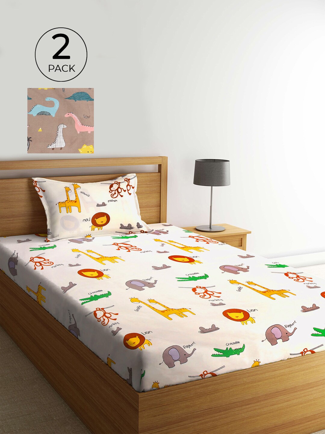 

KLOTTHE Tan & White Cartoon Characters 210 TC 2 Single Bedsheet with 2 Pillow Covers