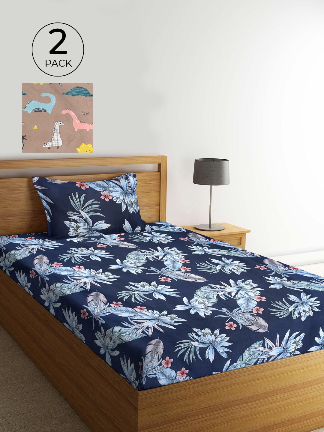 

KLOTTHE Blue & Brown Floral 210 TC 2 Single Bedsheet with 2 Pillow Covers